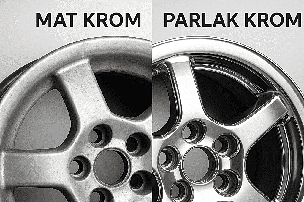 Mat krom ile parlatılmış krom jant karşılaştırması öncesi sonrası